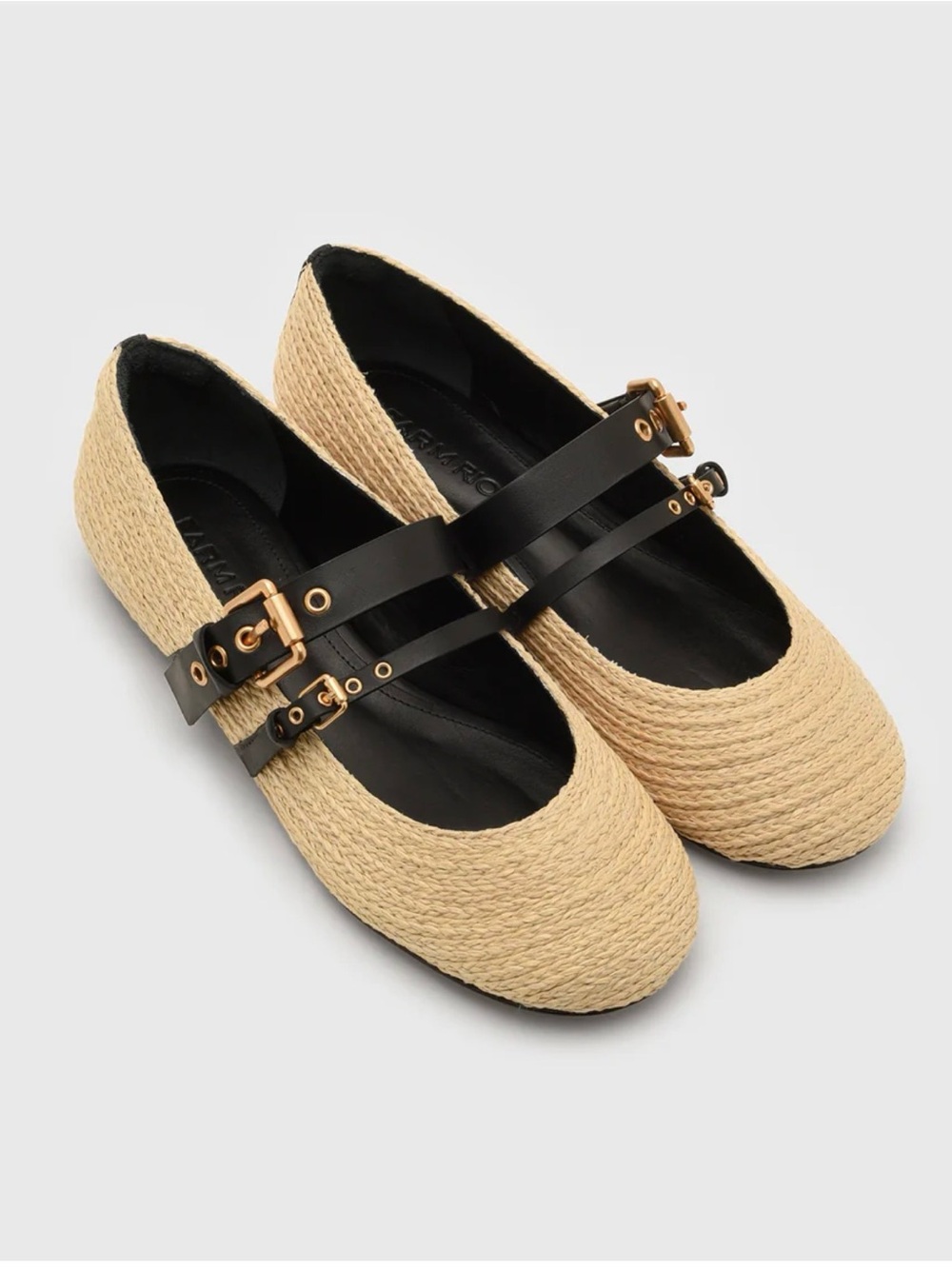 FARM Rio Beige Woven Mary Jane Flats with Black Straps and Gold Buckles